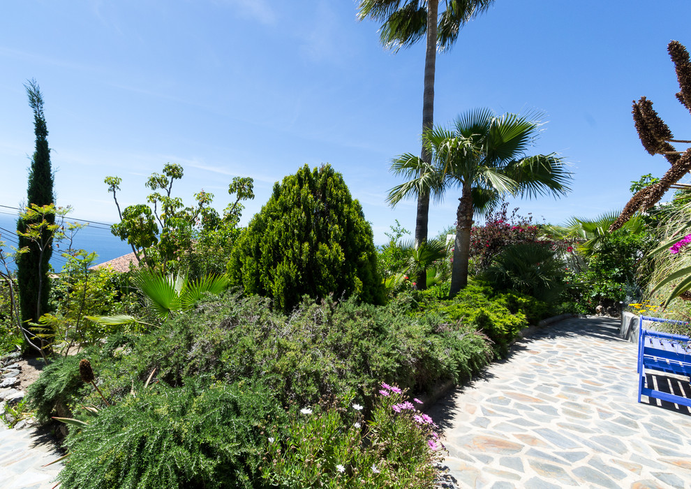 Modelo de jardín tropical extra grande en patio trasero con exposición total al sol y adoquines de piedra natural