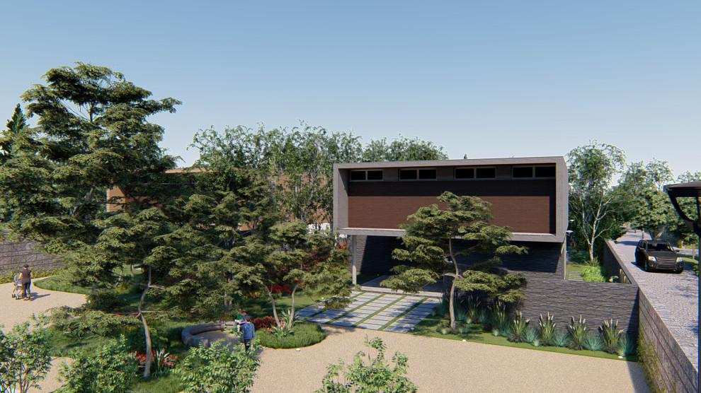 Idee per un giardino design esposto a mezz'ombra di medie dimensioni e dietro casa con sassi di fiume