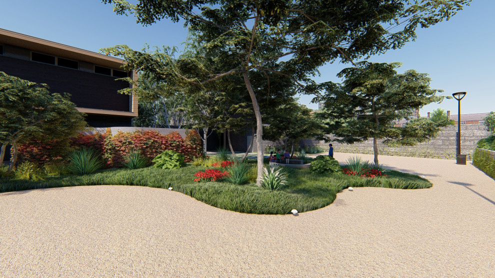 Стильный дизайн: сад с прудом среднего размера на заднем дворе в современном стиле с подъездной дорогой, полуденной тенью и покрытием из гальки - последний тренд