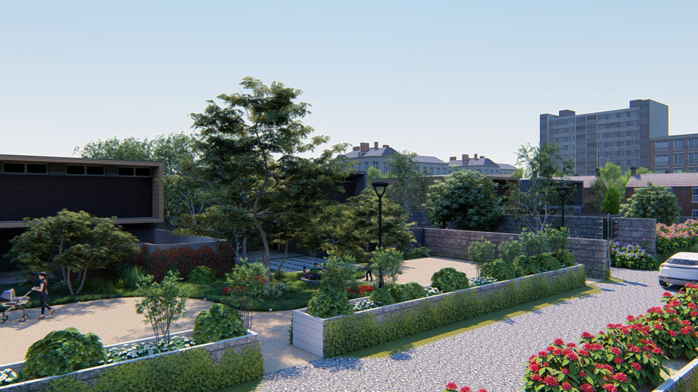 Idéer för en mellanstor modern trädgård i delvis sol flodsten, med en damm