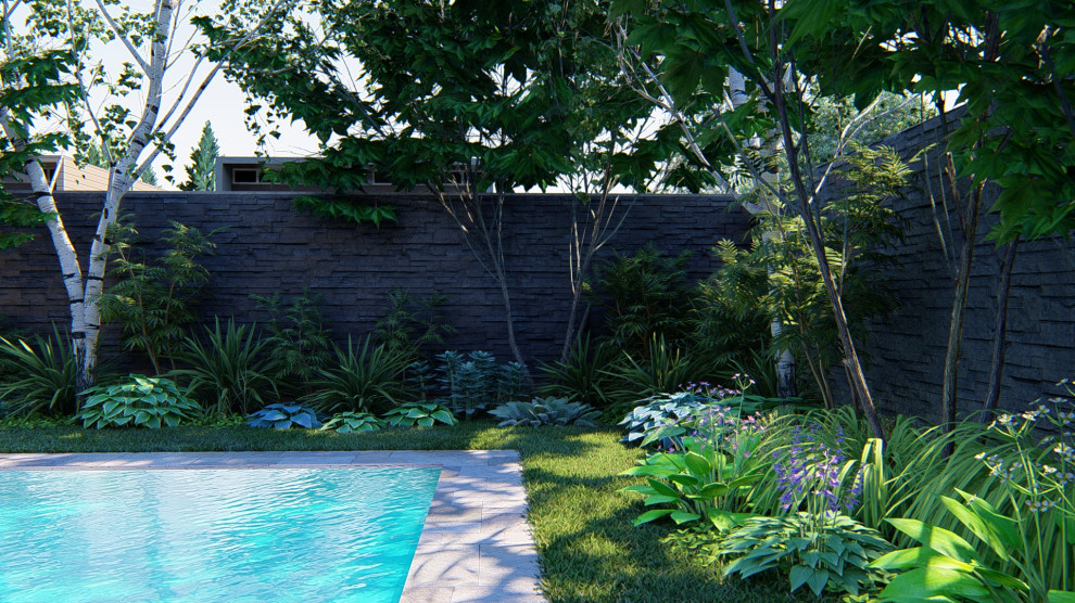 Пример оригинального дизайна: сад с прудом среднего размера на заднем дворе в современном стиле с подъездной дорогой, полуденной тенью и покрытием из гальки