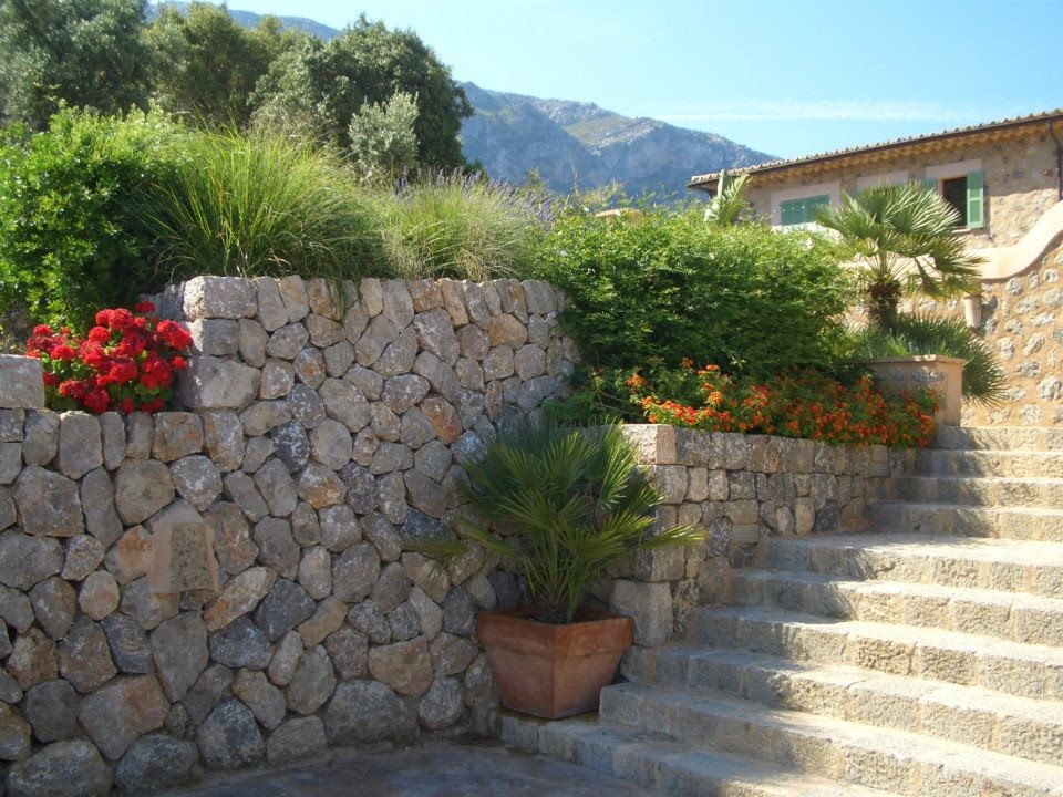 Diseño de jardín mediterráneo de tamaño medio en patio delantero con adoquines de piedra natural