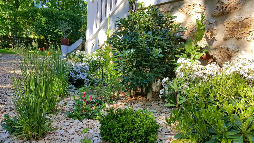Стильный дизайн: большой тенистый, весенний участок и сад на переднем дворе в стиле шебби-шик с клумбами и мульчированием - последний тренд