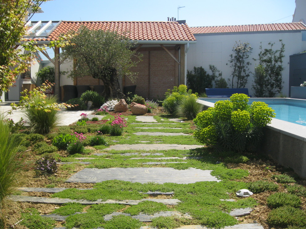 Diseño de jardín actual pequeño en verano en patio trasero con estanque, exposición total al sol y entablado