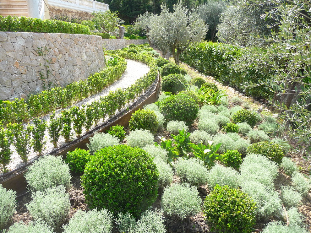 Großer Eklektischer Garten hinter dem Haus, im Sommer mit Auffahrt und direkter Sonneneinstrahlung in Nizza