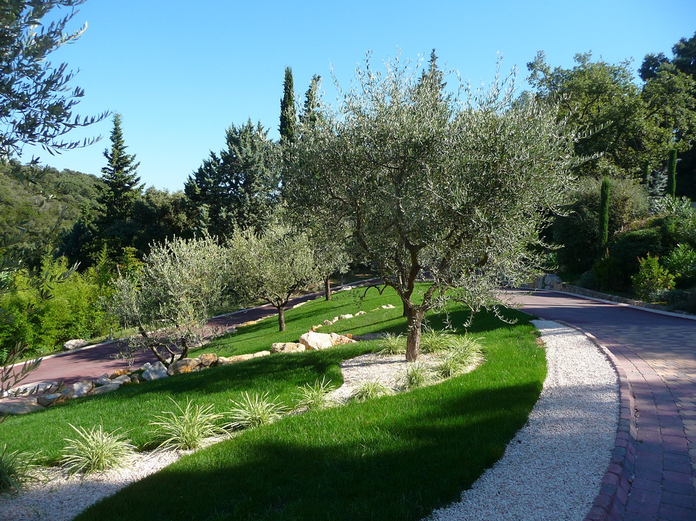 Réalisation d'un grand aménagement d'entrée ou allée de jardin méditerranéen avec une pente, une colline ou un talus.