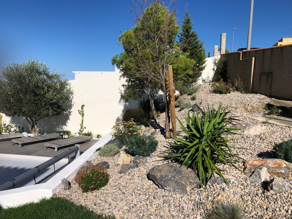Imagen de jardín mediterráneo grande en patio lateral con exposición total al sol