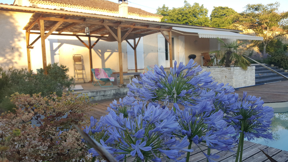 Mittelgroßer Country Garten im Frühling, hinter dem Haus mit Kübelpflanzen, direkter Sonneneinstrahlung und Dielen in Bordeaux