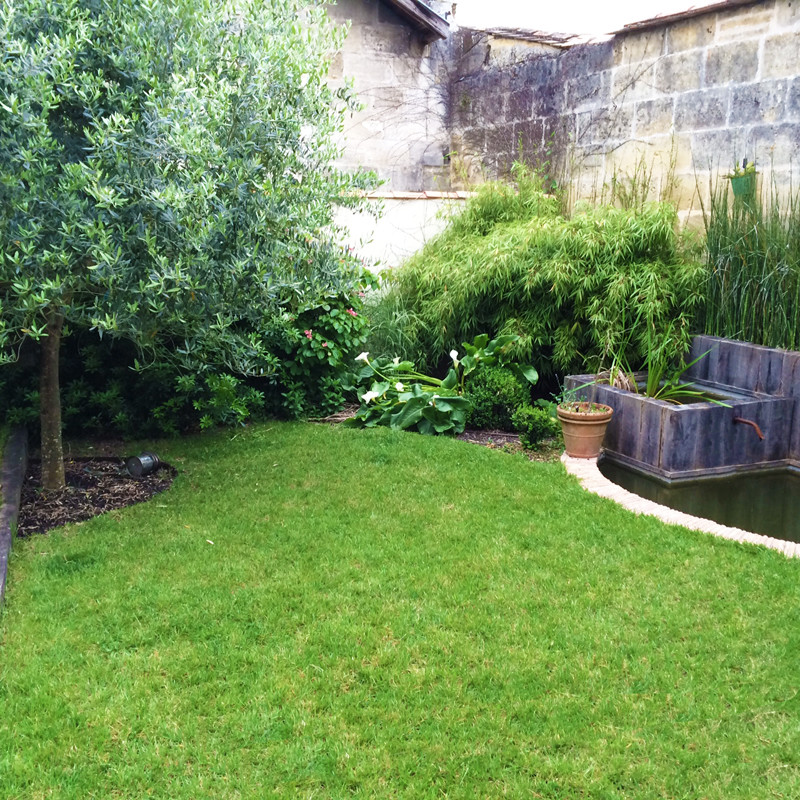 Cette photo montre un petit jardin arrière romantique l'été avec un bassin, une exposition partiellement ombragée et une terrasse en bois.