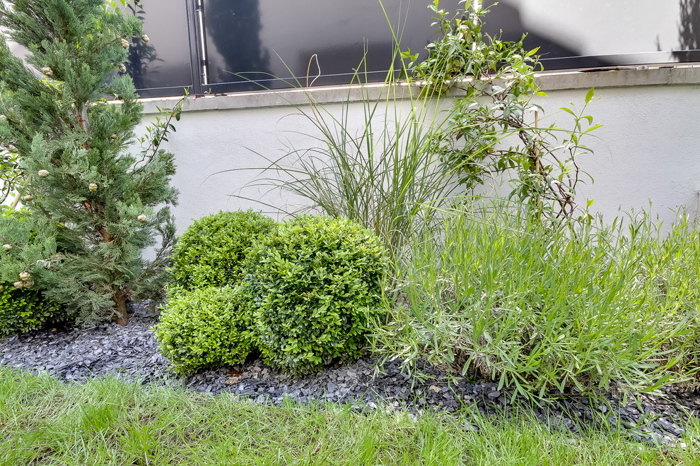 Idée de décoration pour un jardin arrière minimaliste de taille moyenne et l'été avec une exposition partiellement ombragée, des pavés en pierre naturelle et une clôture en pierre.