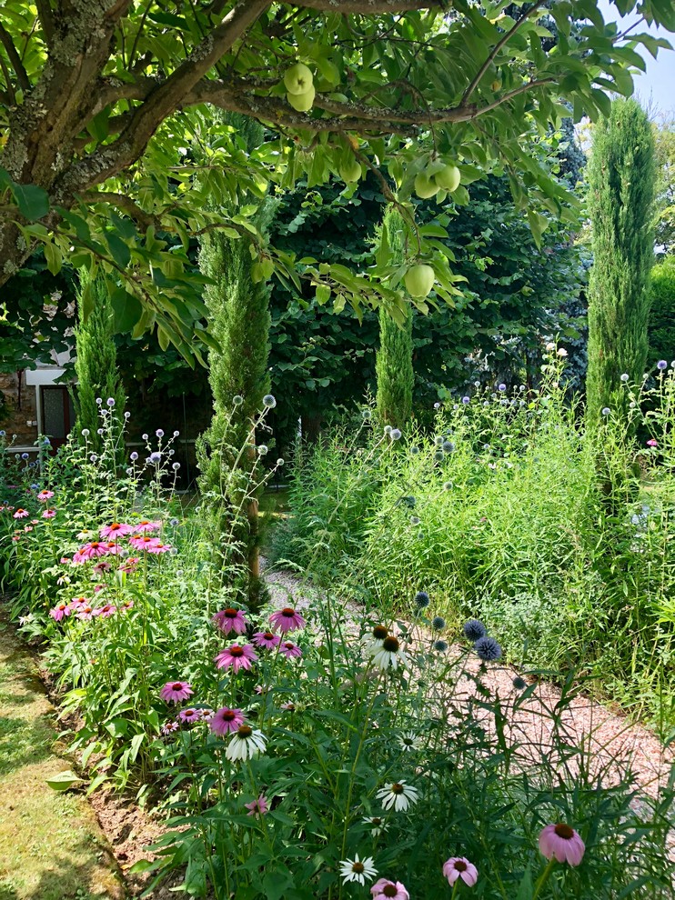 На фото: солнечный, летний участок и сад в стиле кантри с садовой дорожкой или калиткой, хорошей освещенностью и покрытием из гравия