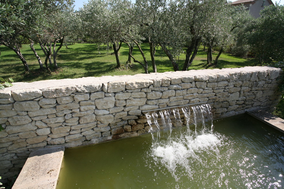 Immagine di un grande giardino mediterraneo esposto in pieno sole dietro casa con fontane