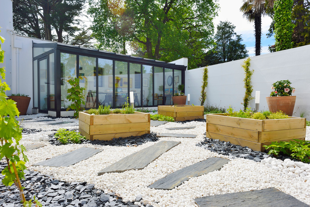 На фото: солнечный засухоустойчивый сад среднего размера на заднем дворе в современном стиле с растениями в контейнерах, хорошей освещенностью и покрытием из каменной брусчатки