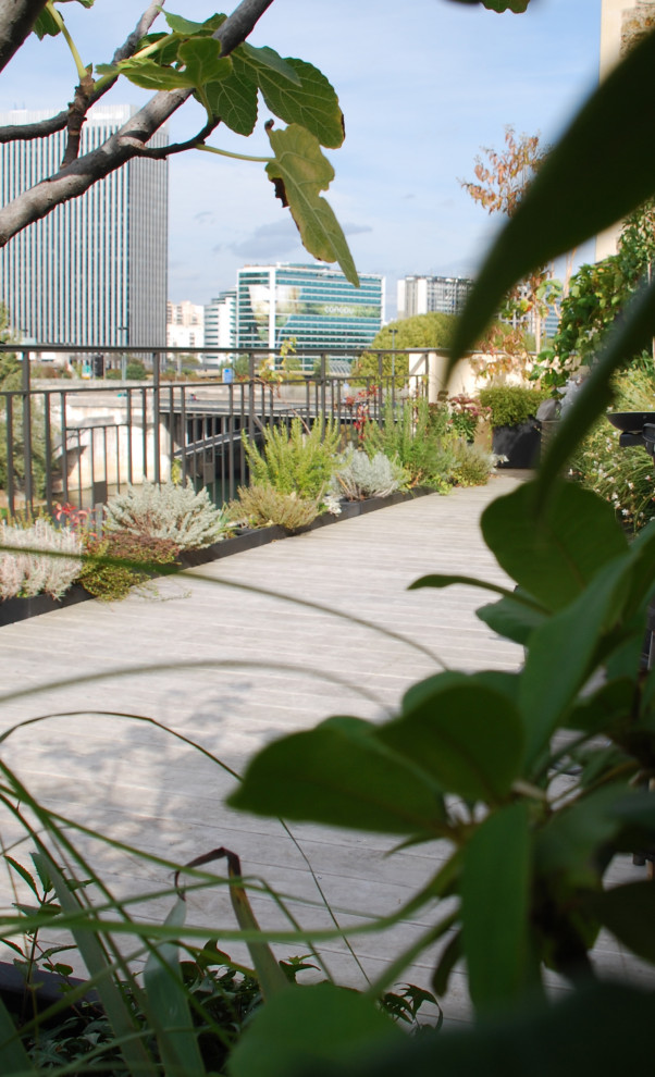 Immagine di una privacy sulla terrazza contemporanea di medie dimensioni, sul tetto e sul tetto con parapetto in metallo