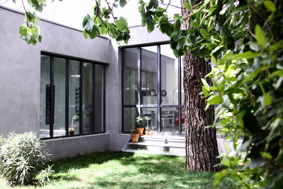 Immagine di un grande giardino minimal esposto a mezz'ombra in cortile in estate con un giardino in vaso