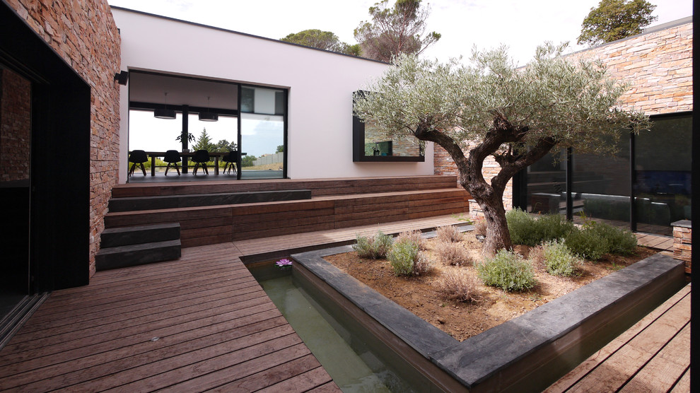 Inspiration pour un jardin en pots design avec une terrasse en bois.