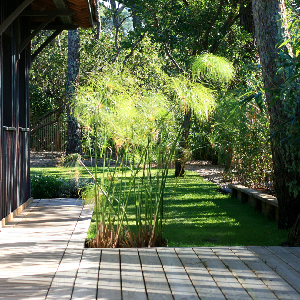 This is an example of a large coastal back garden in Bordeaux with a garden path and decking.