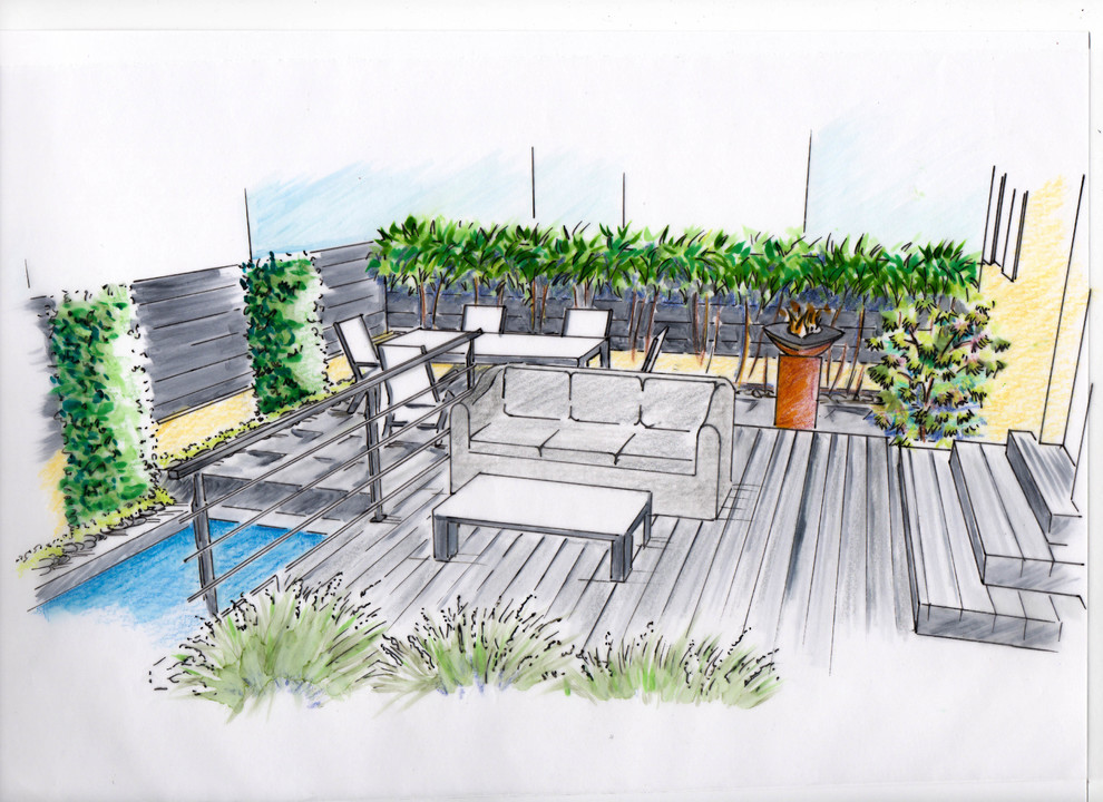 Идея дизайна: солнечный, летний сад с прудом среднего размера на заднем дворе в современном стиле с хорошей освещенностью и настилом