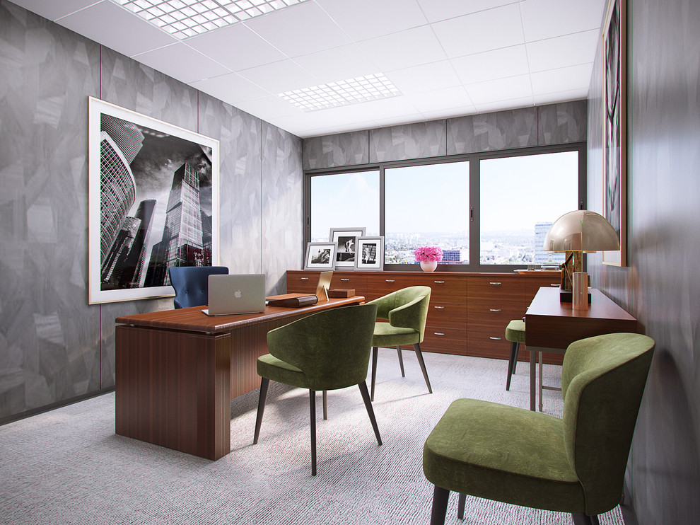 Aménagement d'un bureau contemporain de taille moyenne avec un mur gris, moquette et un bureau indépendant.