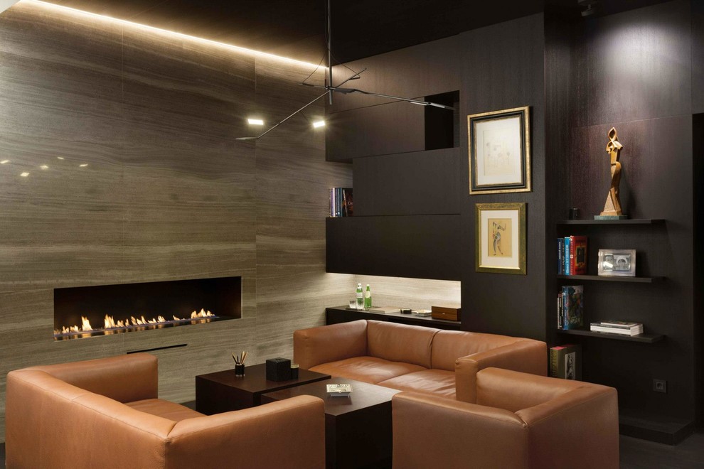 Идея дизайна: кабинет в современном стиле с горизонтальным камином
