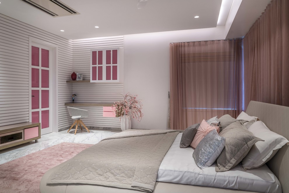 Modelo de dormitorio infantil actual con paredes blancas y suelo gris