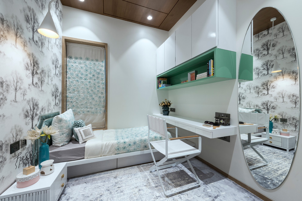 Idee per una cameretta per bambini minimal con pareti bianche, moquette e pavimento grigio