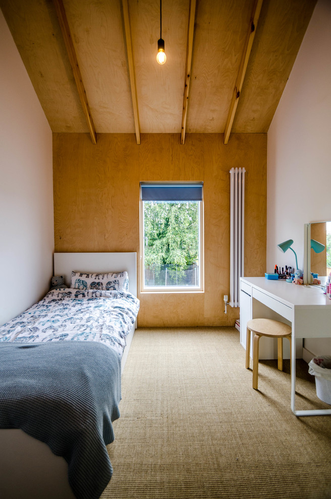 Kleines, Neutrales Modernes Kinderzimmer mit brauner Wandfarbe, Teppichboden und Schlafplatz in Cambridgeshire