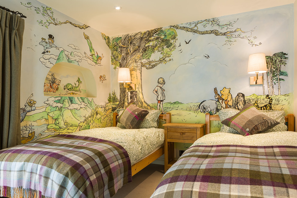 Country gender neutral children’s room in Other with multi-coloured walls.