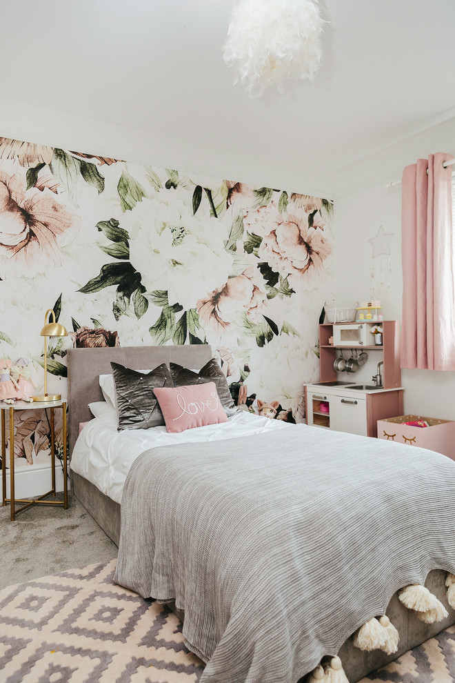 Kids' room - shabby-chic style girl carpeted and gray floor kids' room idea in London with multicolored walls