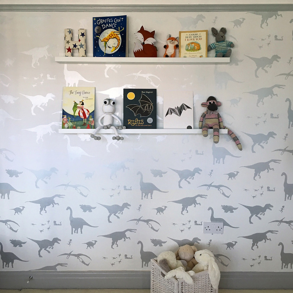 Inspiration for a contemporary boy carpeted kids' bedroom remodel in Other with white walls