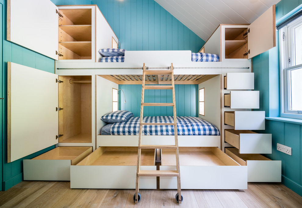 Idéer för ett mellanstort nordiskt könsneutralt barnrum kombinerat med sovrum och för 4-10-åringar, med ljust trägolv, beiget golv och blå väggar