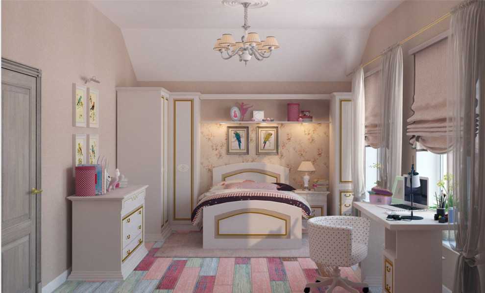 Esempio di una cameretta per bambini country di medie dimensioni con pareti rosa, moquette e pavimento rosa
