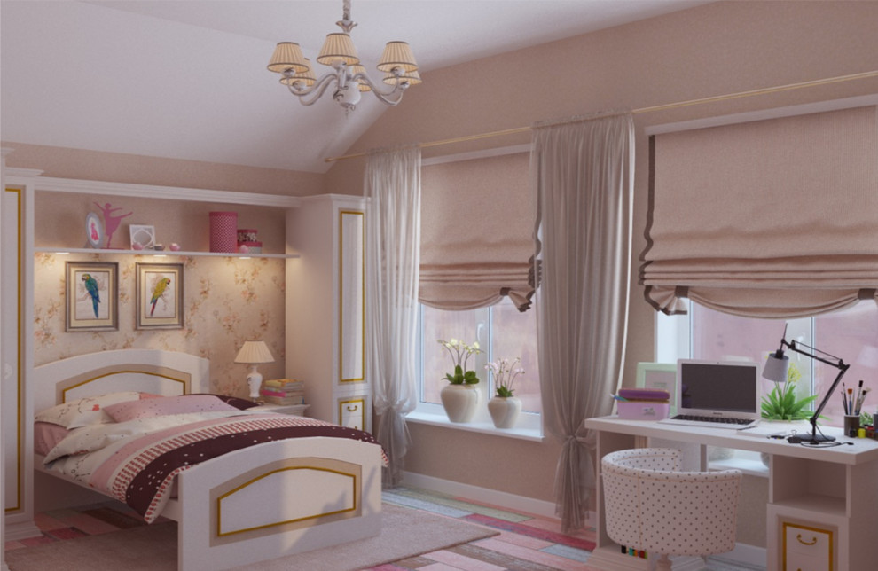 Lantlig inredning av ett mellanstort barnrum kombinerat med sovrum, med rosa väggar, heltäckningsmatta och rosa golv