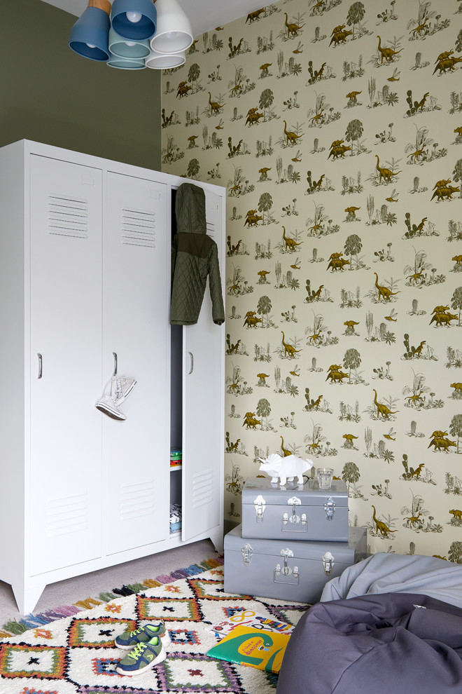 Inspiration for a medium sized contemporary children’s room for boys in Hampshire with green walls, carpet and beige floors.