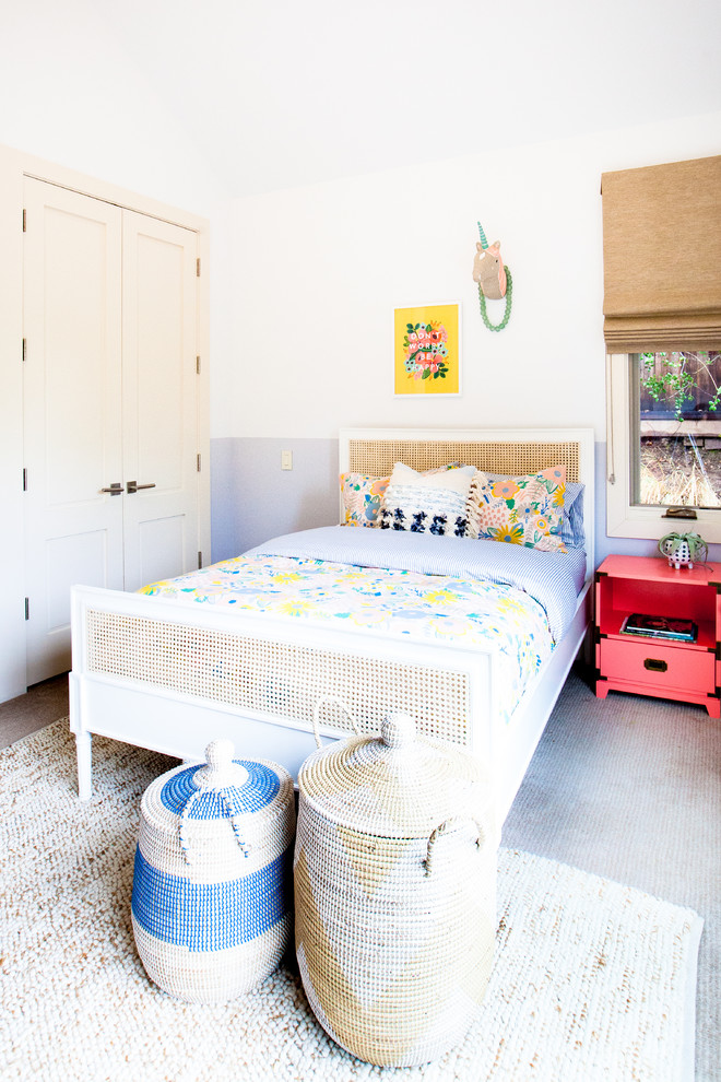 Design ideas for a contemporary children’s room for girls in Other with multi-coloured walls, carpet and grey floors.