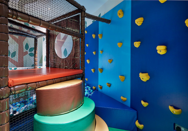 Climbing Wall and Ball Pit - London Basement Playroom - Contemporary - Kids  - London - by Tigerplay at Home | Houzz