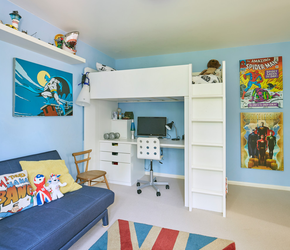 Photo of a medium sized contemporary children’s room for boys in Berkshire with blue walls, carpet and beige floors.
