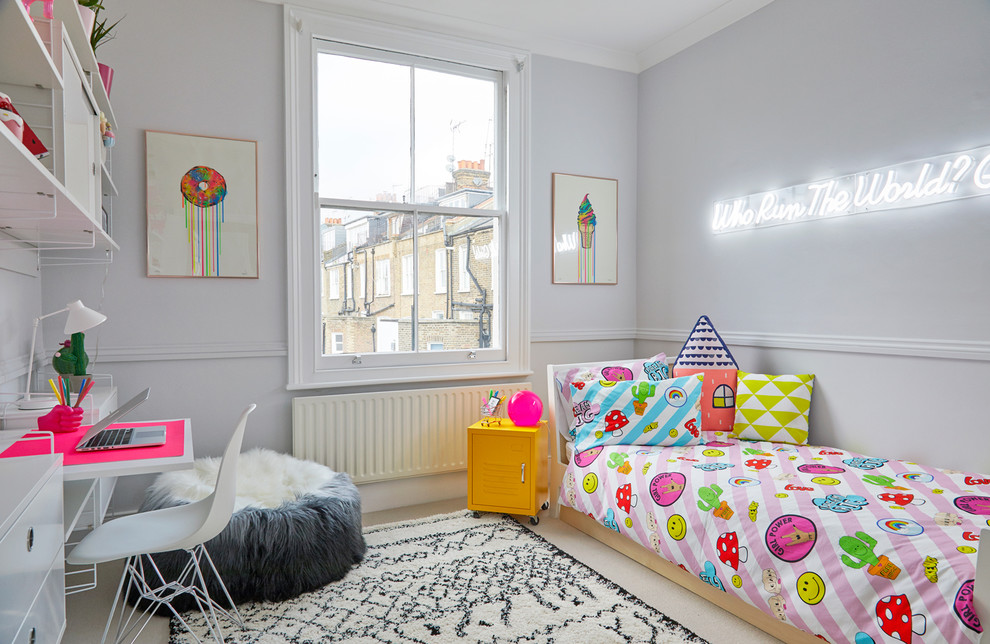 This is an example of a small modern teen’s room for girls in London with grey walls, carpet and beige floors.