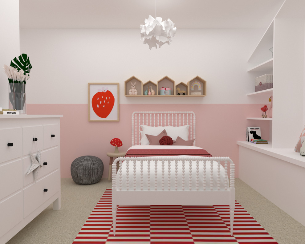 Mittelgroßes Modernes Mädchenzimmer mit Schlafplatz, weißer Wandfarbe, Teppichboden und beigem Boden in London