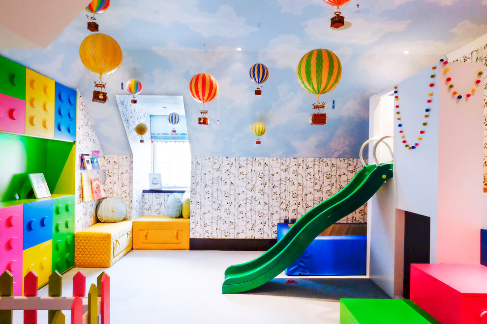 Источник вдохновения для домашнего уюта: большая нейтральная детская с игровой в стиле модернизм с желтыми стенами, ковровым покрытием и синим полом для ребенка от 4 до 10 лет