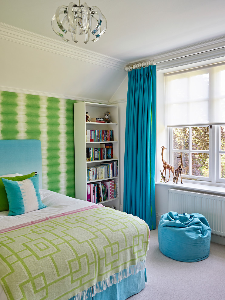 Photo of a traditional kids' bedroom in London with white walls, carpet and beige floors.