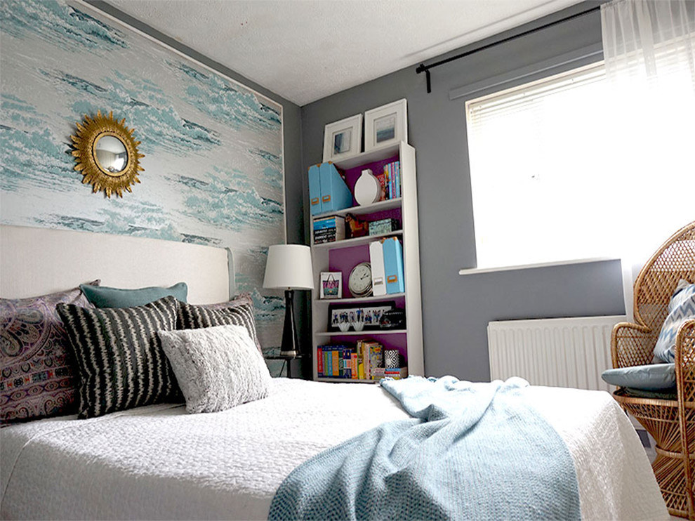 Design ideas for a medium sized eclectic teen’s room for girls in Kent with grey walls and carpet.