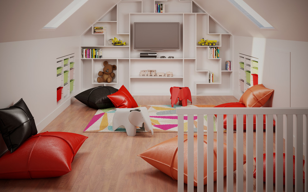 Inspiration for a mid-sized contemporary gender-neutral light wood floor playroom remodel in London with white walls