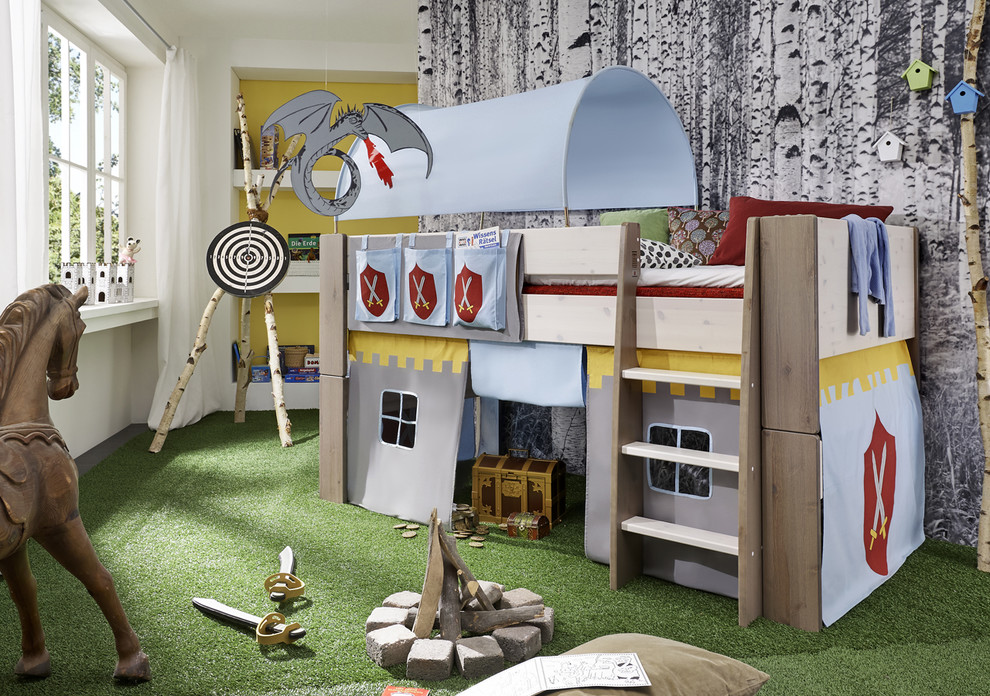 Esempio di una cameretta per bambini da 4 a 10 anni minimal con pareti bianche, moquette e pavimento grigio