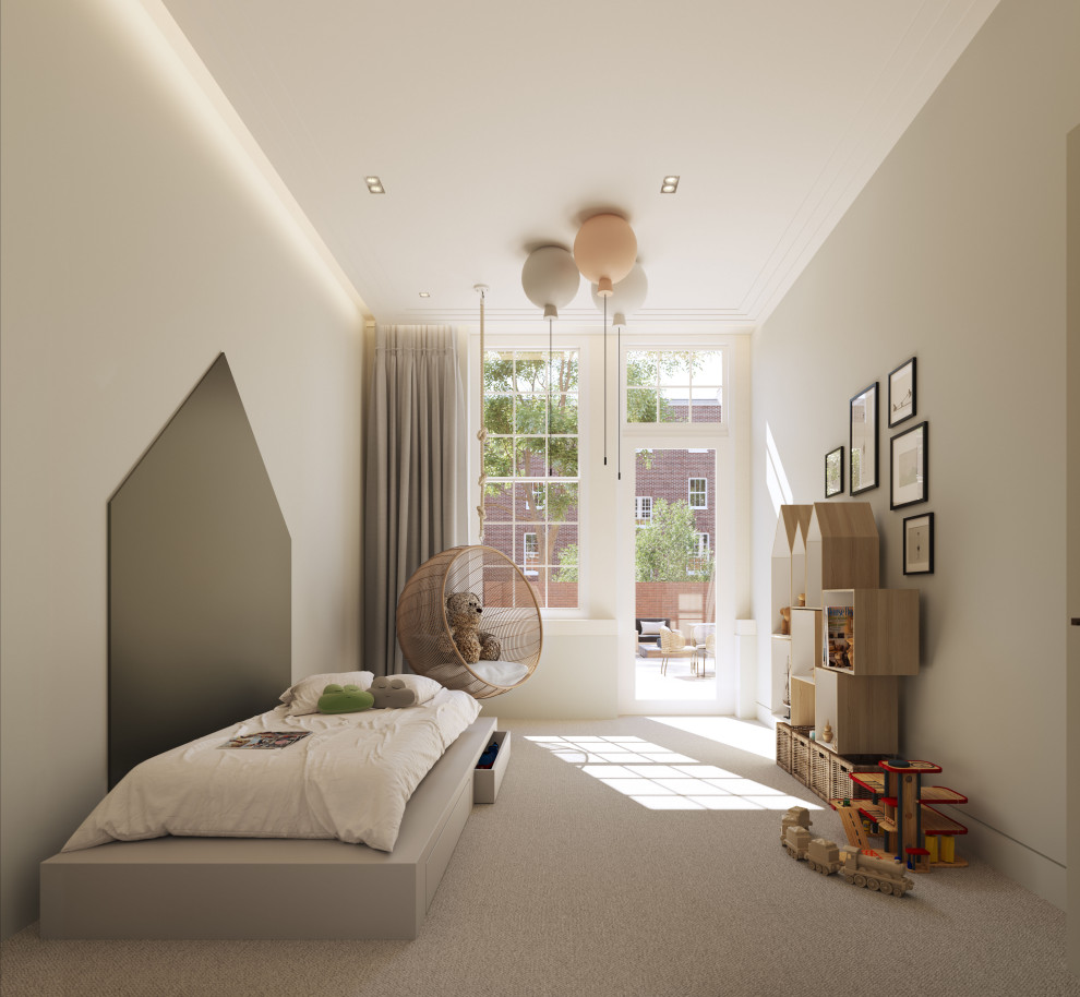 Kids' room - large modern gender-neutral carpeted, gray floor and tray ceiling kids' room idea in London with beige walls