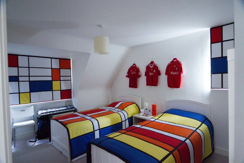 This is an example of a modern teen’s room for boys in Gloucestershire with white walls.