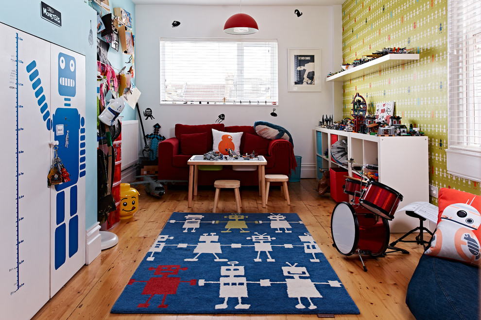 Diseño de dormitorio infantil de 4 a 10 años contemporáneo de tamaño medio con paredes multicolor