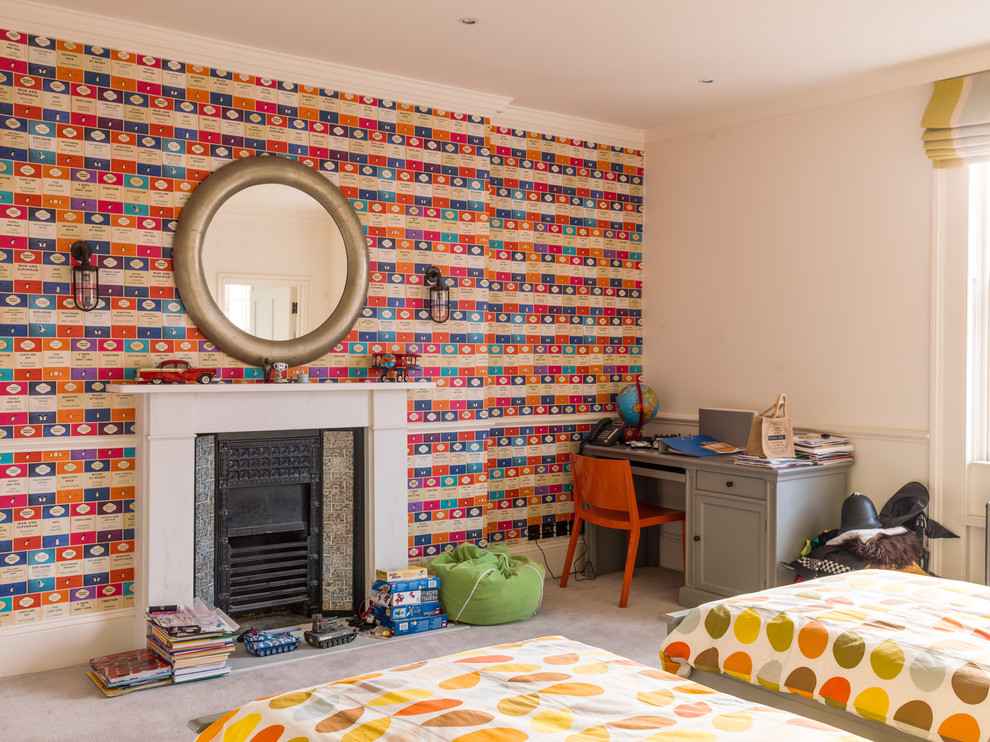 Inspiration for a medium sized classic kids' bedroom in London with beige walls, carpet, beige floors and a chimney breast.