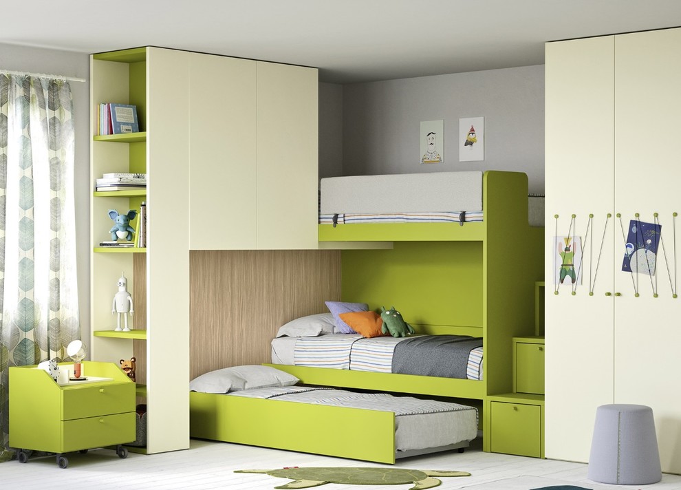 Идея дизайна: большая нейтральная детская в современном стиле с спальным местом и белыми стенами для ребенка от 4 до 10 лет