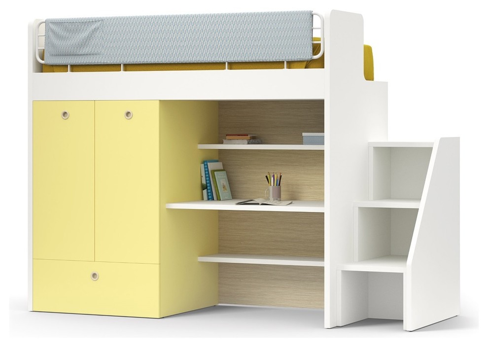Ispirazione per una cameretta per bambini da 4 a 10 anni minimal di medie dimensioni con pareti gialle